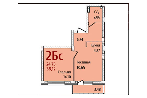 2-комнатная квартира 38,12 м² в ЖК Ред Фокс. Планировка