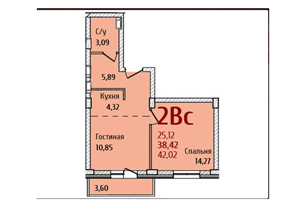 2-комнатная квартира 42,02 м² в ЖК Ред Фокс. Планировка
