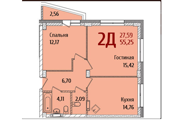 2-комнатная квартира 55,25 м² в ЖК Ред Фокс. Планировка