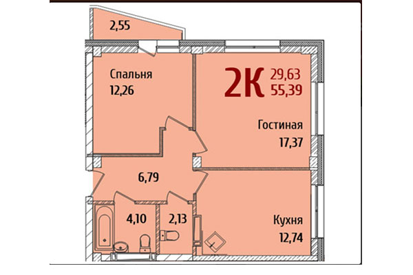 2-комнатная квартира 55,39 м² в ЖК Ред Фокс. Планировка