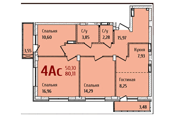 4-комнатная квартира 80,11 м² в ЖК Ред Фокс. Планировка