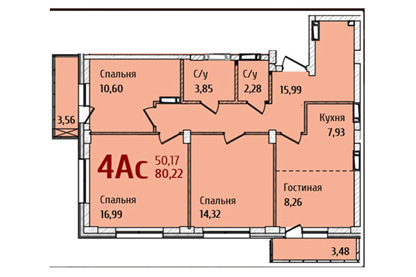4-комнатная квартира 80,22 м² в ЖК Ред Фокс. Планировка