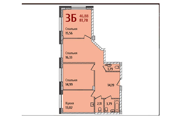 3-комнатная квартира 81,78 м² в ЖК Ред Фокс. Планировка