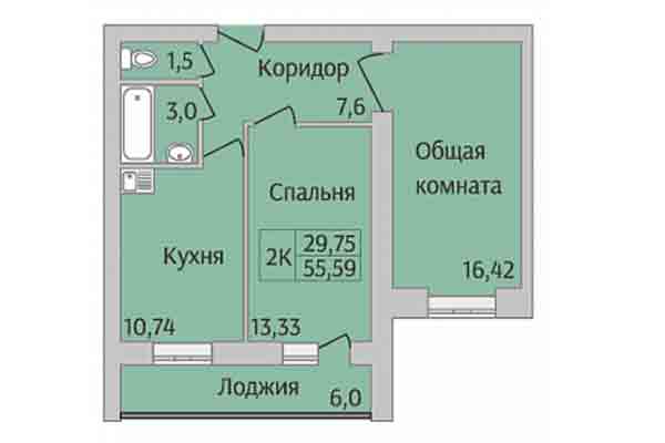 2-комнатная квартира 55,59 м² в Микрорайон Дивногорский. Планировка