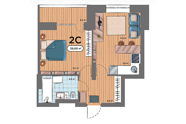 2-комнатная квартира 39,00 м² в ЖК Smart Avenue. Планировка