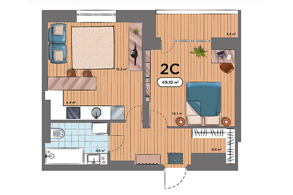 2-комнатная квартира 49,10 м² в ЖК Smart Avenue. Планировка
