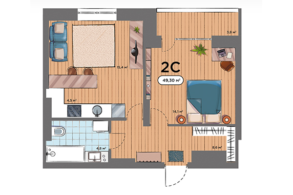 2-комнатная квартира 49,30 м² в ЖК Smart Avenue. Планировка
