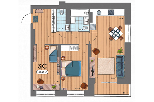 3-комнатная квартира 69,60 м² в ЖК Smart Avenue. Планировка