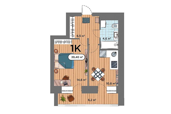 1-комнатная квартира 39,04 м² в ЖК Smart Park. Планировка