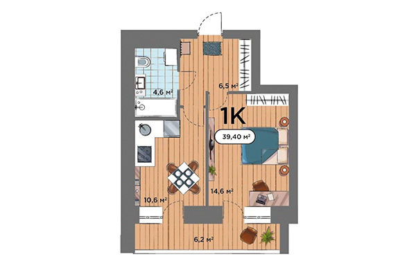 1-комнатная квартира 39,40 м² в ЖК Smart Park. Планировка