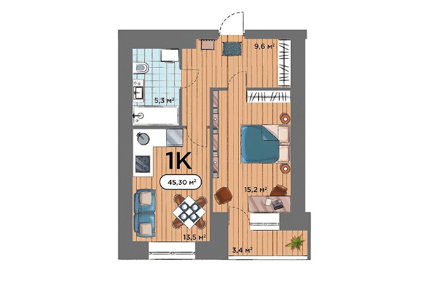 1-комнатная квартира 45,03 м² в ЖК Smart Park. Планировка
