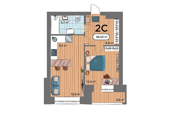 2-комнатная квартира 48,20 м² в ЖК Smart Park. Планировка