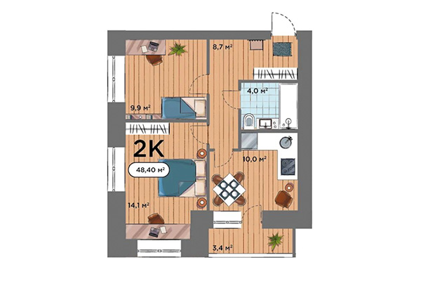2-комнатная квартира 48,40 м² в ЖК Smart Park. Планировка