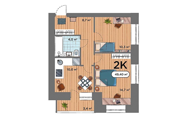 2-комнатная квартира 49,04 м² в ЖК Smart Park. Планировка