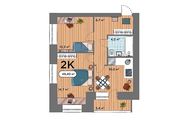 2-комнатная квартира 49,40 м² в ЖК Smart Park. Планировка