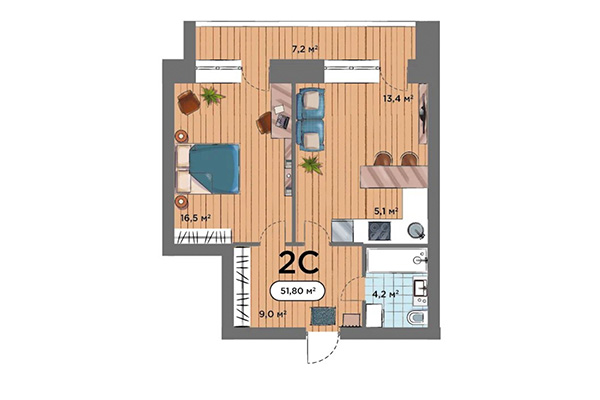 2-комнатная квартира 51,08 м² в ЖК Smart Park. Планировка
