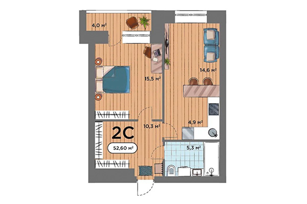 2-комнатная квартира 52,60 м² в ЖК Smart Park. Планировка