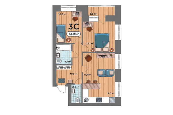 3-комнатная квартира 62,08 м² в ЖК Smart Park. Планировка