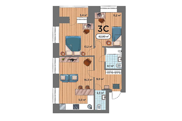 3-комнатная квартира 62,80 м² в ЖК Smart Park. Планировка