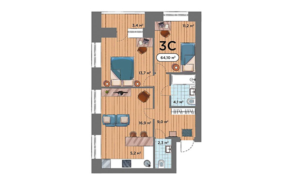 3-комнатная квартира 64,10 м² в ЖК Smart Park. Планировка