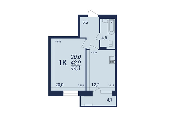 1-комнатная квартира 44,10 м² в ЖК NOVA-дом. Планировка
