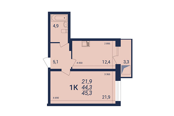 1-комнатная квартира 45,30 м² в ЖК NOVA-дом. Планировка