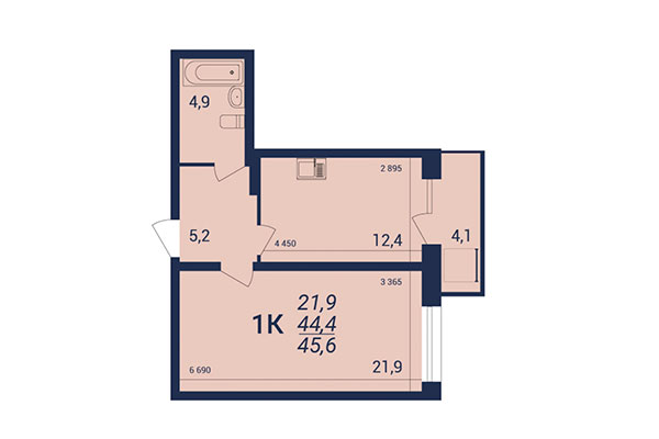 1-комнатная квартира 45,60 м² в ЖК NOVA-дом. Планировка