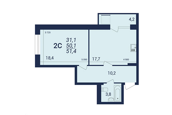 2-комнатная квартира 51,40 м² в ЖК NOVA-дом. Планировка
