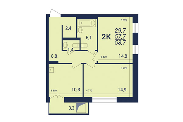 2-комнатная квартира 58,70 м² в ЖК NOVA-дом. Планировка