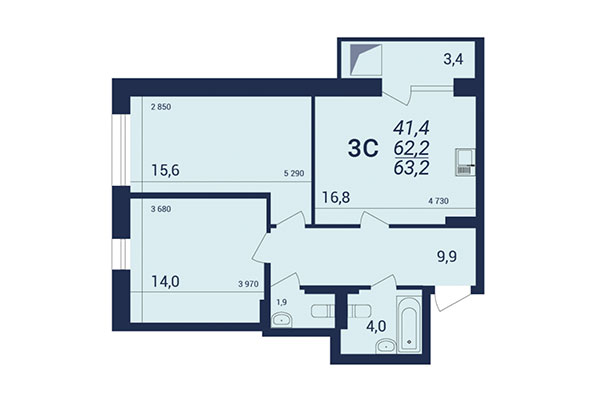 3-комнатная квартира 63,20 м² в ЖК NOVA-дом. Планировка