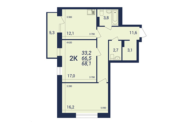 2-комнатная квартира 68,10 м² в ЖК NOVA-дом. Планировка