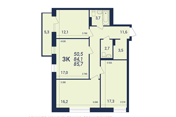 3-комнатная квартира 85,70 м² в ЖК NOVA-дом. Планировка