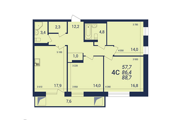 4-комнатная квартира 88,70 м² в ЖК NOVA-дом. Планировка