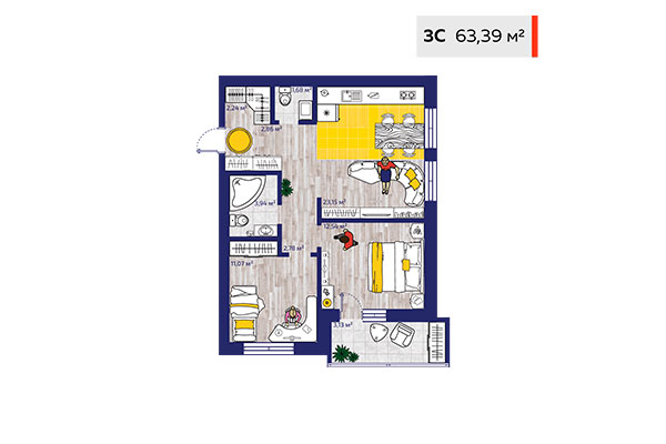 3-комнатная квартира 63,39 м² в ЖК Новые снегири. Планировка
