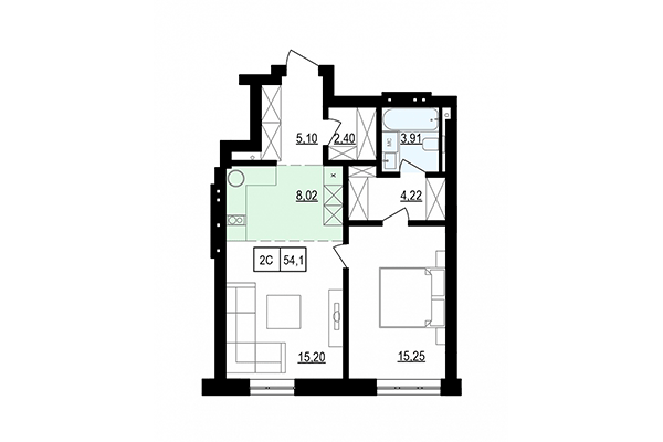 2-комнатная квартира 54,01 м² в ЖК Жуковка. Планировка