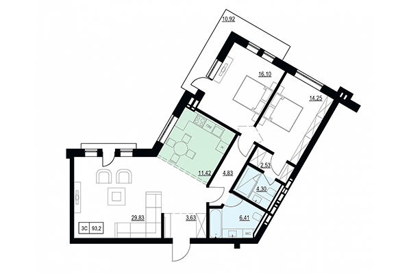 3-комнатная квартира 93,20 м² в ЖК Жуковка. Планировка