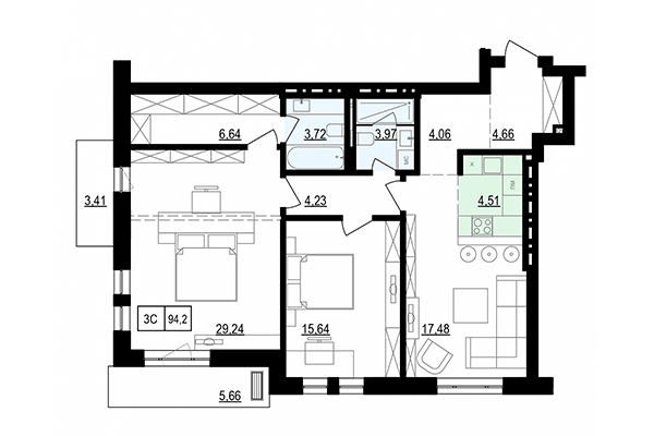 3-комнатная квартира 94,20 м² в ЖК Жуковка. Планировка