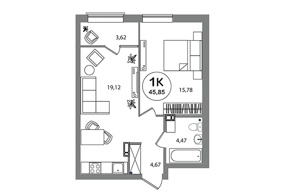 1-комнатная квартира 45,85 м² в ЖК Геометрия. Планировка