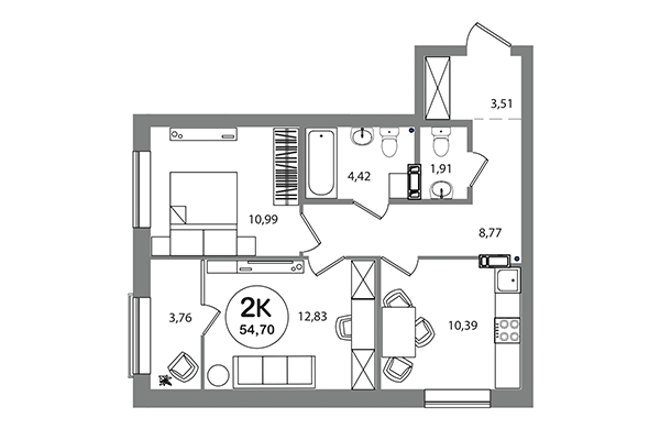 2-комнатная квартира 54,70 м² в ЖК Геометрия. Планировка