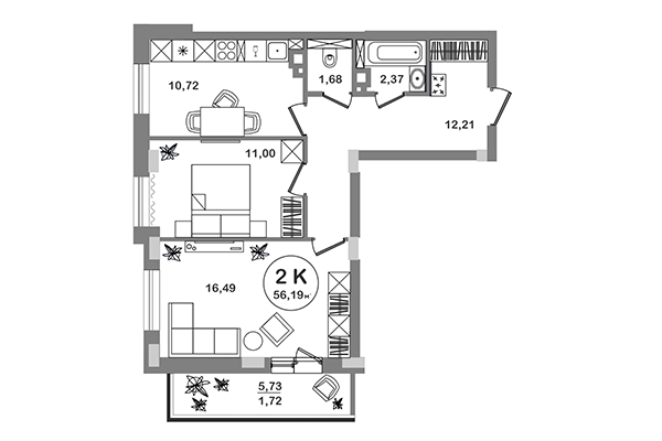 2-комнатная квартира 56,19 м² в ЖК Геометрия. Планировка