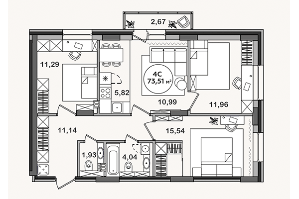 4-комнатная квартира 73,51 м² в ЖК Сандэй. Планировка