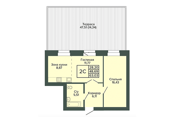 2-комнатная квартира 63,03 м² в ЖК Малахит. Планировка