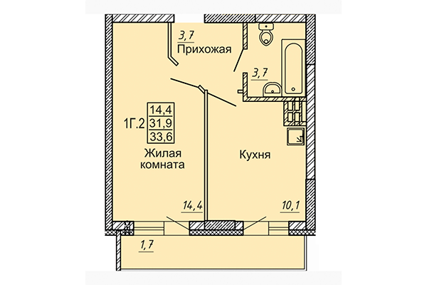 1-комнатная квартира 33,60 м² в ЖК Матрешки 2.0. Планировка