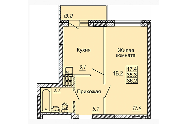 1-комнатная квартира 36,02 м² в ЖК Матрешки 2.0. Планировка
