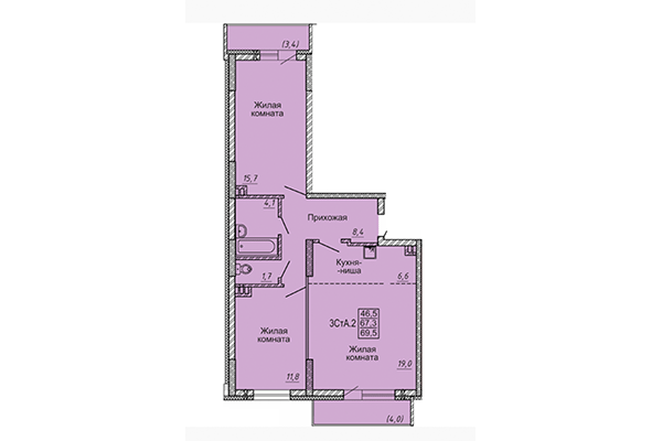 3-комнатная квартира 69,50 м² в ЖК Матрешки 2.0. Планировка
