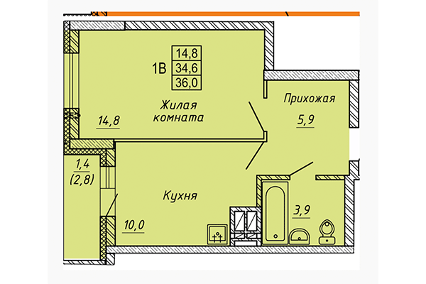 1-комнатная квартира 36,00 м² в ЖК Матрешкин двор. Планировка