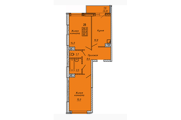 2-комнатная квартира 55,20 м² в ЖК Матрешкин двор. Планировка