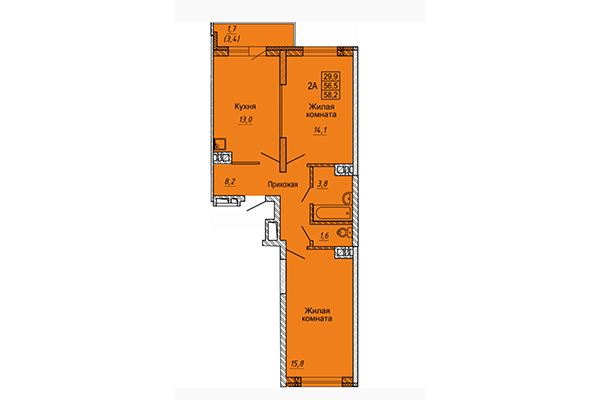 2-комнатная квартира 58,20 м² в ЖК Матрешкин двор. Планировка