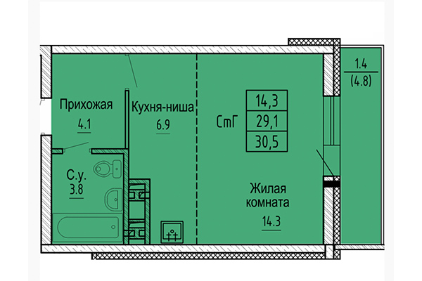 Студия 30,50 м² в ЖК Новые Матрешки. Планировка