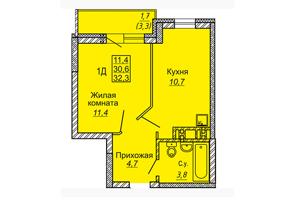 1-комнатная квартира 32,31 м² в ЖК Новые Матрешки. Планировка